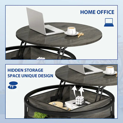 Table basse ronde relevable et extensible avec rangement dissimulé