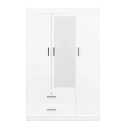Armoire penderie 3 portes avec miroirs, étagères et 2 tiroirs