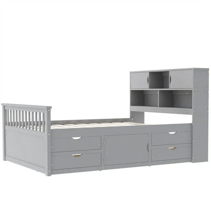 Lit plateforme capitaine double/grand avec 4 tiroirs et étagères de rangement, cadre de lit en bois massif avec tête de lit bibliothèque de rangement