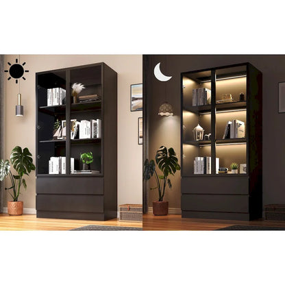 Vitrine de rangement, vitrine avec portes en verre trempé, vitrine avec 4 étagères de rangement