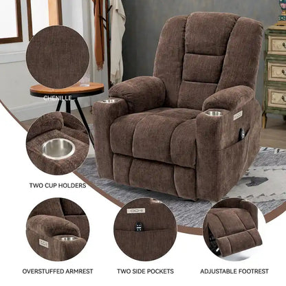 Fauteuil inclinable Power Lift avec massage et chaleur, fauteuils inclinables larges et rembourrés Lazy Boy avec ports USB, Type C et 2 porte-gobelets en acier