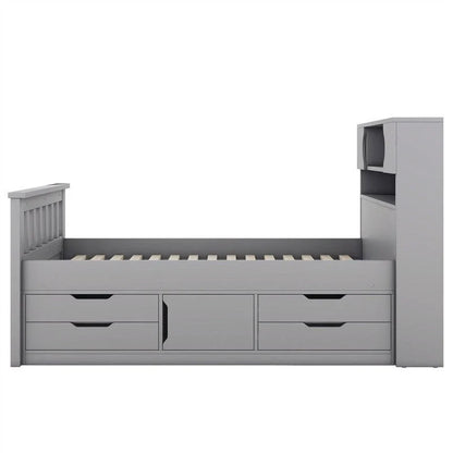 Lit plateforme capitaine double/grand avec 4 tiroirs et étagères de rangement, cadre de lit en bois massif avec tête de lit bibliothèque de rangement