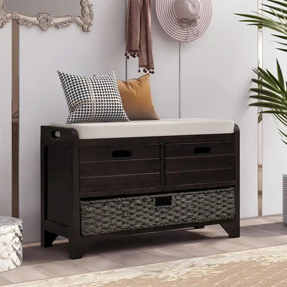 Banc de rangement en bois avec 2 paniers tressés