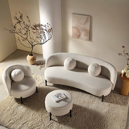 Canapé incurvé 3 places avec coussins boules, mélange de lin beige