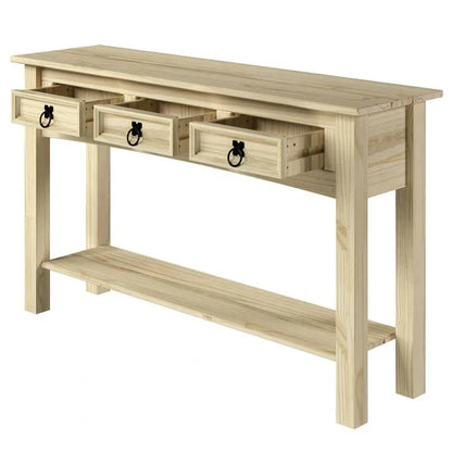 Console de couloir rustique en pin massif, blanc cérusé / marron antique / gris cérusé / non peinte, 3 tiroirs