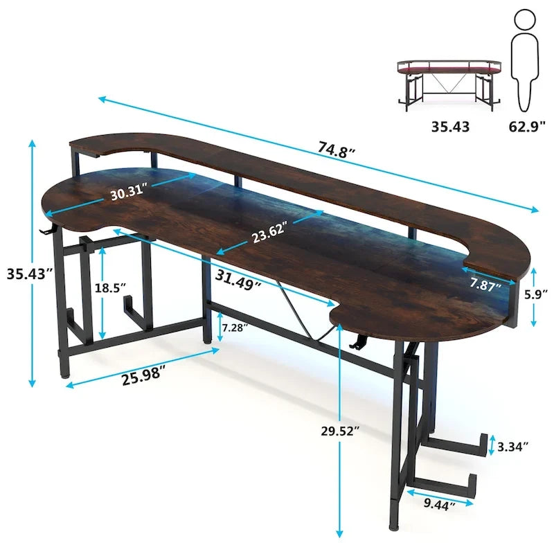 Bureau de gaming avec étagère pour moniteur, bureau d'ordinateur de 75 pouces avec bande LED