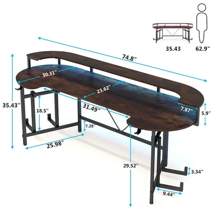 Bureau de gaming avec étagère pour moniteur, bureau d'ordinateur de 75 pouces avec bande LED