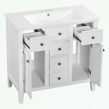 Meuble-lavabo avec vasque en céramique, deux placards et cinq tiroirs