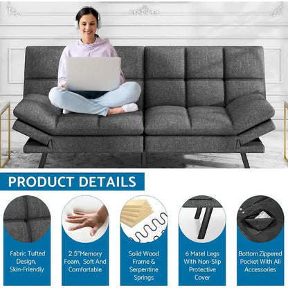 Canapé-lit futon en mousse à mémoire de forme convertible avec dossier inclinable réglable pour petits espaces