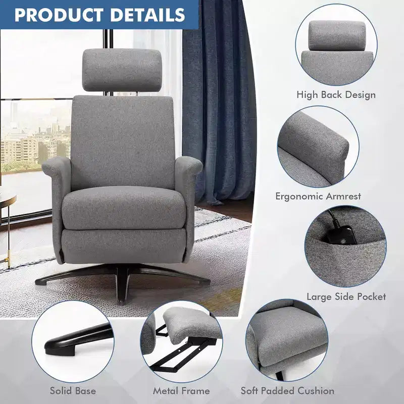 Fauteuil inclinable massant vibrant avec télécommande et appui-tête réglable Gris