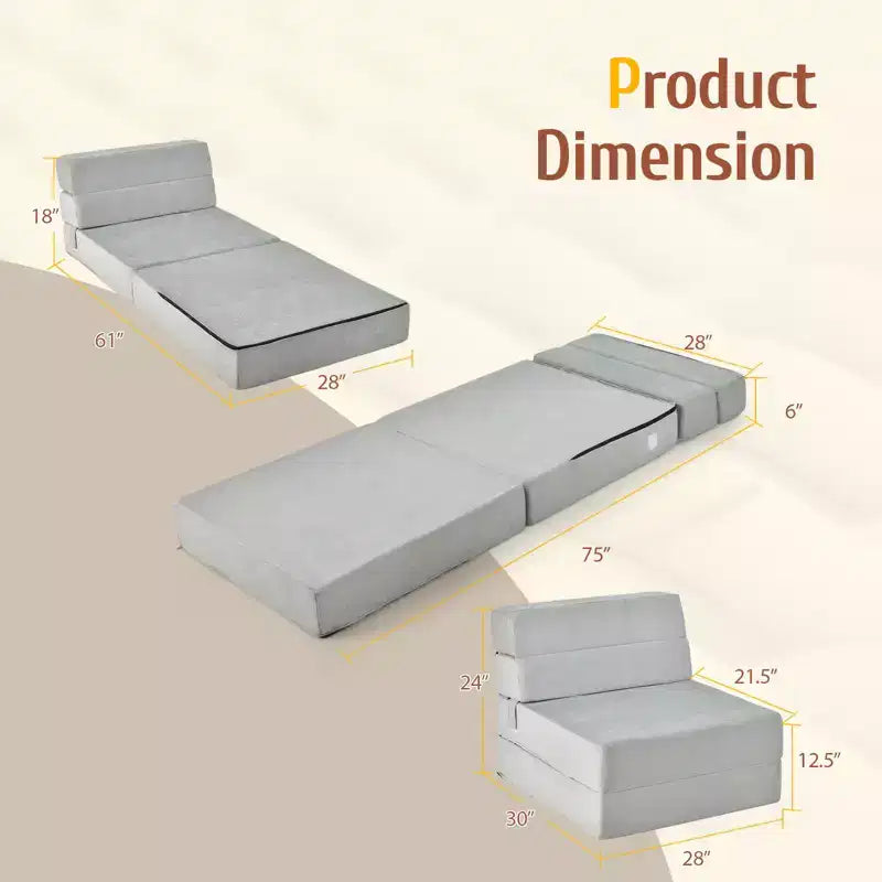 Chaise Pliante Triple Convertible en Lit/Banquette/Canapé Gris pour Chambre d'Étudiant