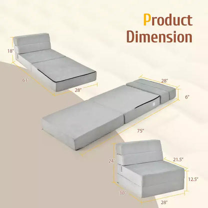 Chaise Pliante Triple Convertible en Lit/Banquette/Canapé Gris pour Chambre d'Étudiant