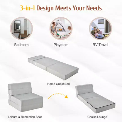 Chaise Pliante Triple Convertible en Lit/Banquette/Canapé Gris pour Chambre d'Étudiant