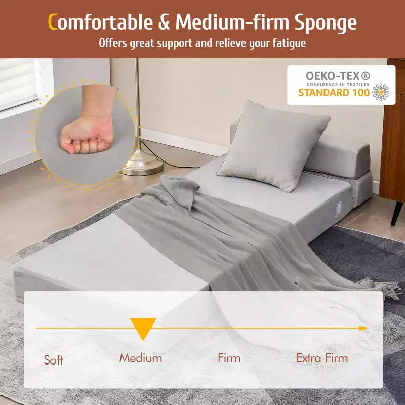 Chaise Pliante Triple Convertible en Lit/Banquette/Canapé Gris pour Chambre d'Étudiant