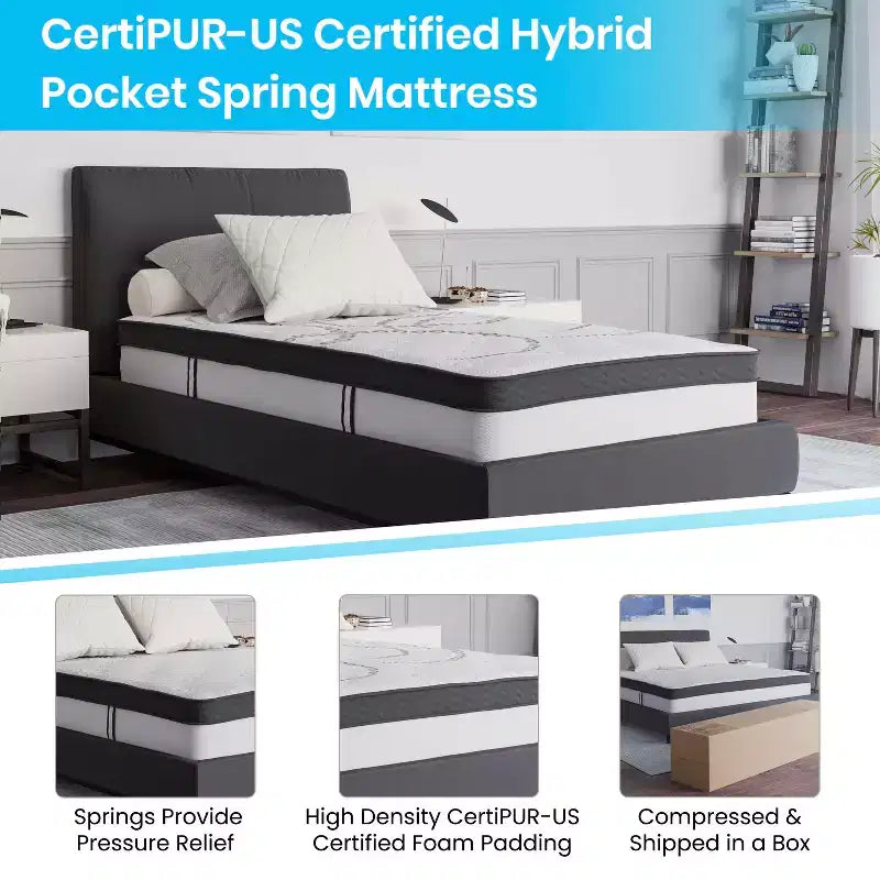 Cadre de lit plateforme en métal de 14 pouces avec matelas à ressorts ensachés de 10 pouces en boîte et surmatelas en mousse à mémoire de forme de 2 pouces à gel rafraîchissant