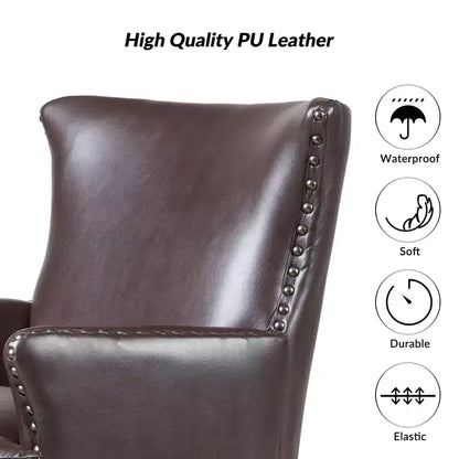 Fauteuil à oreilles en cuir végétalien de transition avec garniture cloutée pour salon et chambre à coucher