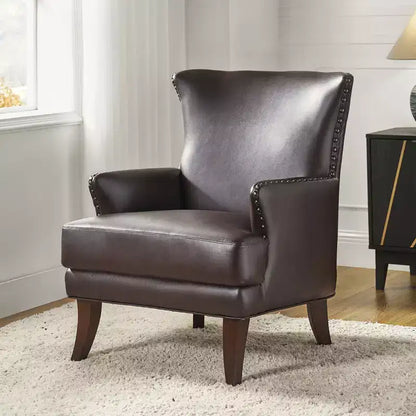 Fauteuil à oreilles en cuir végétalien de transition avec garniture cloutée pour salon et chambre à coucher