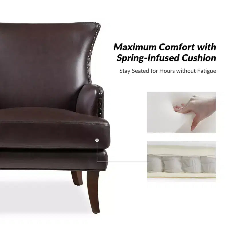 Fauteuil à oreilles en cuir végétalien de transition avec garniture cloutée pour salon et chambre à coucher