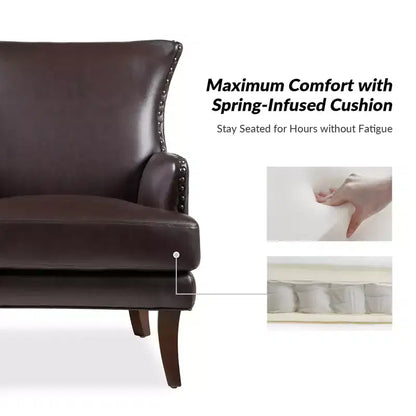 Fauteuil à oreilles en cuir végétalien de transition avec garniture cloutée pour salon et chambre à coucher