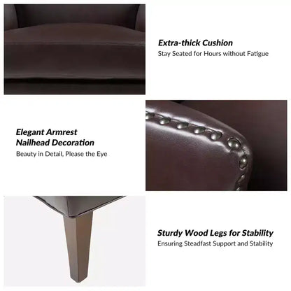 Fauteuil à oreilles en cuir végétalien de transition avec garniture cloutée pour salon et chambre à coucher