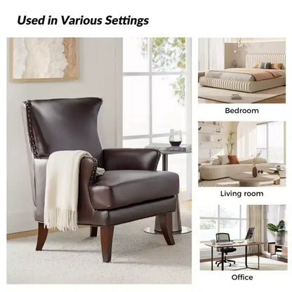 Fauteuil à oreilles en cuir végétalien de transition avec garniture cloutée pour salon et chambre à coucher