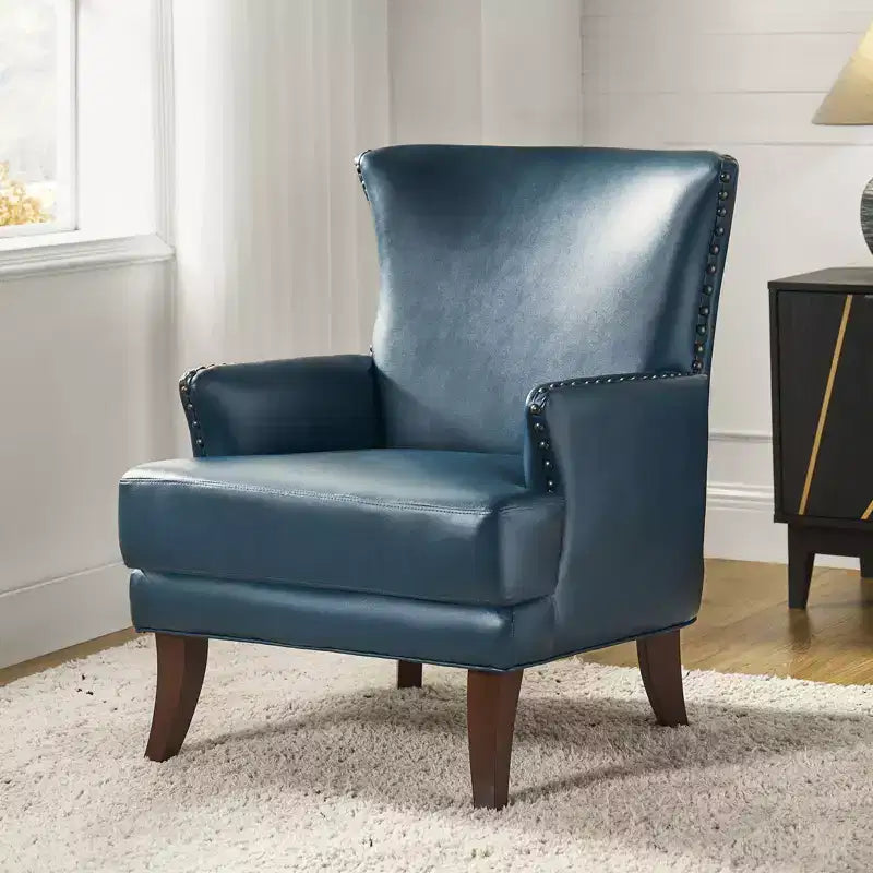 Fauteuil à oreilles en cuir végétalien de transition avec garniture cloutée pour salon et chambre à coucher