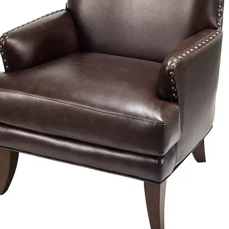 Fauteuil à oreilles en cuir végétalien de transition avec garniture cloutée pour salon et chambre à coucher