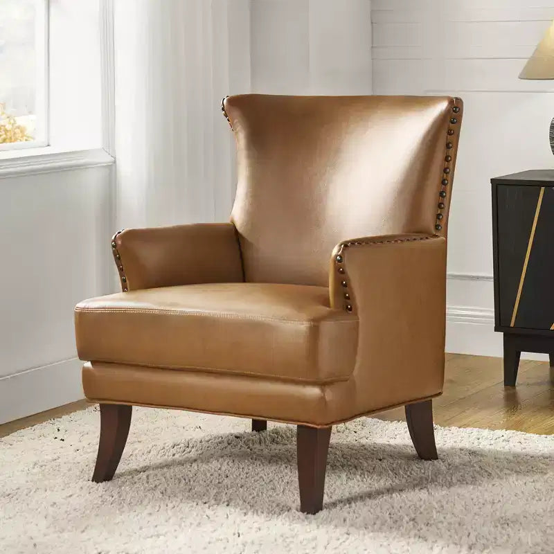 Fauteuil à oreilles en cuir végétalien de transition avec garniture cloutée pour salon et chambre à coucher