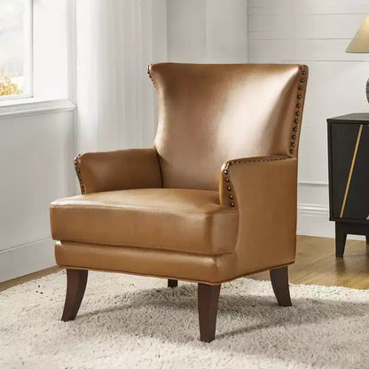 Fauteuil à oreilles en cuir végétalien de transition avec garniture cloutée pour salon et chambre à coucher