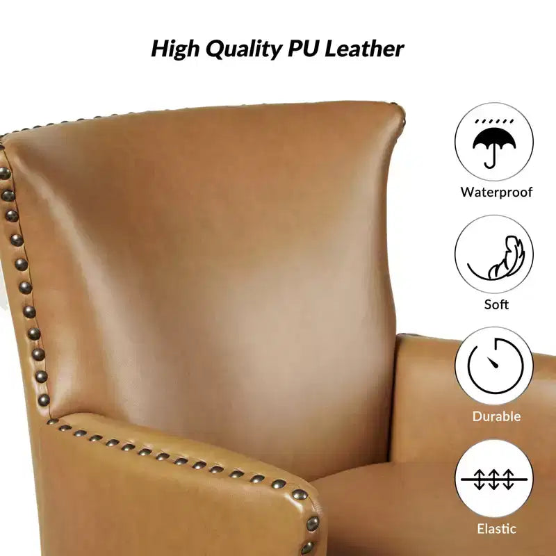 Fauteuil à oreilles en cuir végétalien de transition avec garniture cloutée pour salon et chambre à coucher