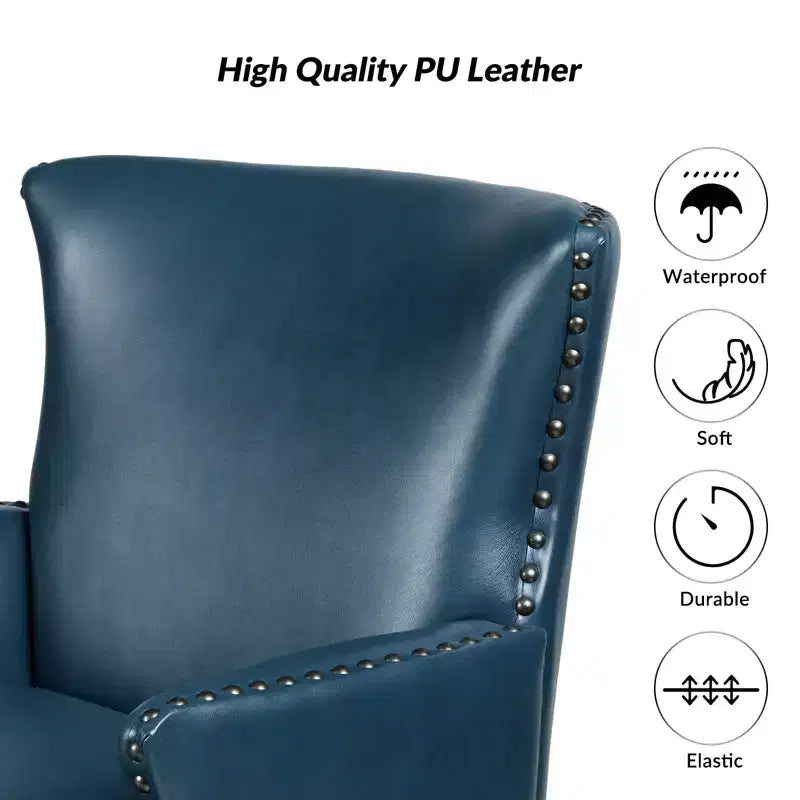 Fauteuil à oreilles en cuir végétalien de transition avec garniture cloutée pour salon et chambre à coucher