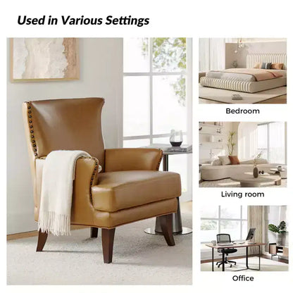 Fauteuil à oreilles en cuir végétalien de transition avec garniture cloutée pour salon et chambre à coucher