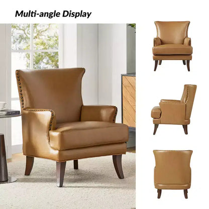 Fauteuil à oreilles en cuir végétalien de transition avec garniture cloutée pour salon et chambre à coucher