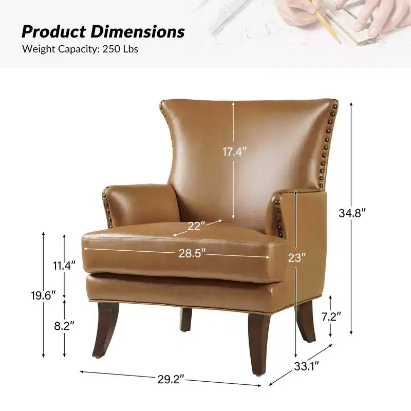 Fauteuil à oreilles en cuir végétalien de transition avec garniture cloutée pour salon et chambre à coucher
