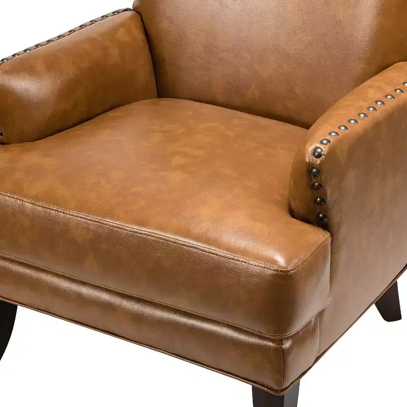 Fauteuil à oreilles en cuir végétalien de transition avec garniture cloutée pour salon et chambre à coucher