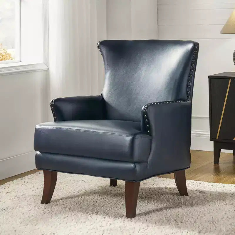 Fauteuil à oreilles en cuir végétalien de transition avec garniture cloutée pour salon et chambre à coucher