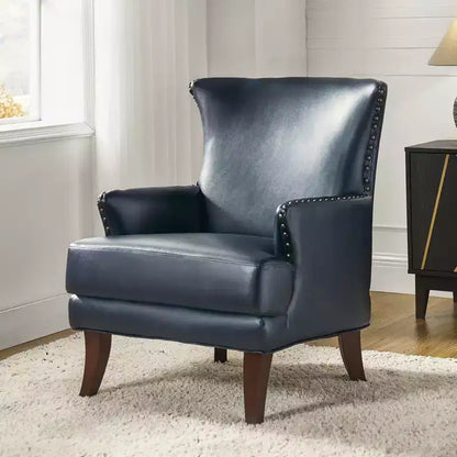 Fauteuil à oreilles en cuir végétalien de transition avec garniture cloutée pour salon et chambre à coucher