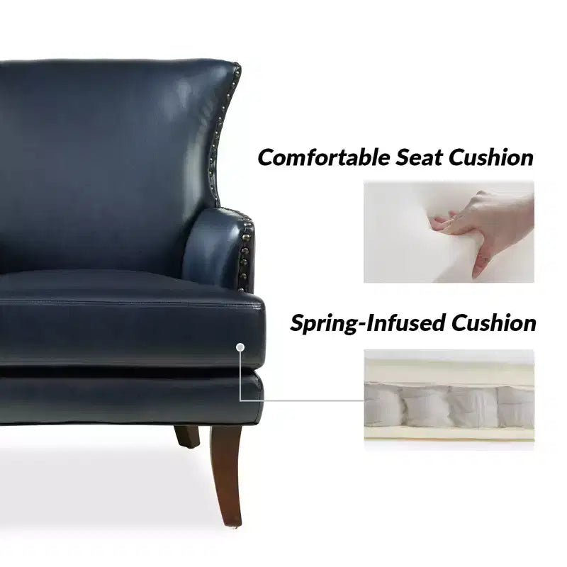 Fauteuil à oreilles en cuir végétalien de transition avec garniture cloutée pour salon et chambre à coucher