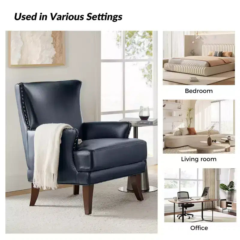 Fauteuil à oreilles en cuir végétalien de transition avec garniture cloutée pour salon et chambre à coucher