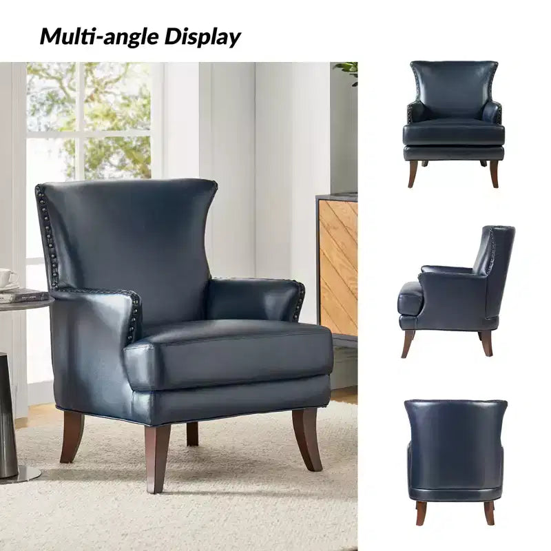 Fauteuil à oreilles en cuir végétalien de transition avec garniture cloutée pour salon et chambre à coucher