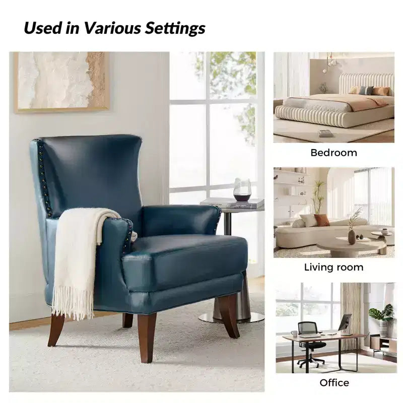 Fauteuil à oreilles en cuir végétalien de transition avec garniture cloutée pour salon et chambre à coucher
