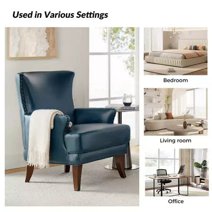 Fauteuil à oreilles en cuir végétalien de transition avec garniture cloutée pour salon et chambre à coucher
