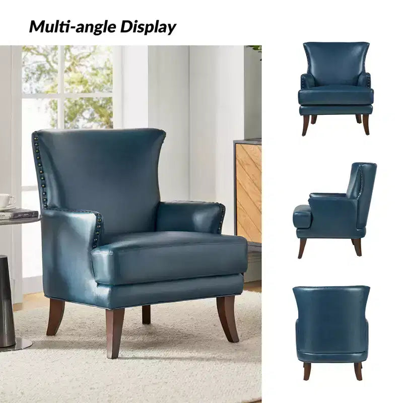 Fauteuil à oreilles en cuir végétalien de transition avec garniture cloutée pour salon et chambre à coucher