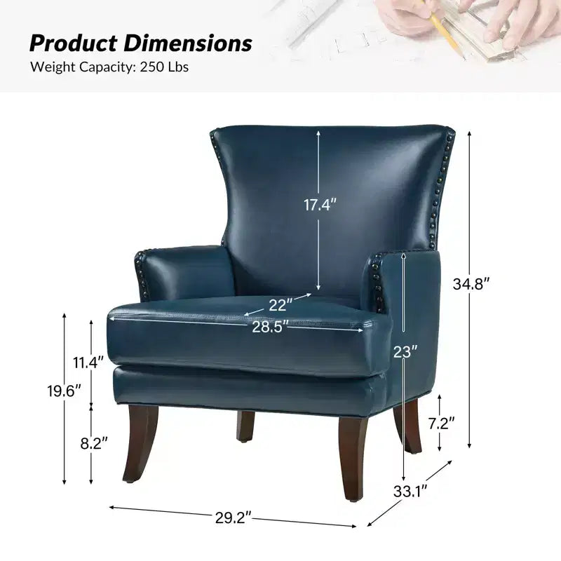 Fauteuil à oreilles en cuir végétalien de transition avec garniture cloutée pour salon et chambre à coucher