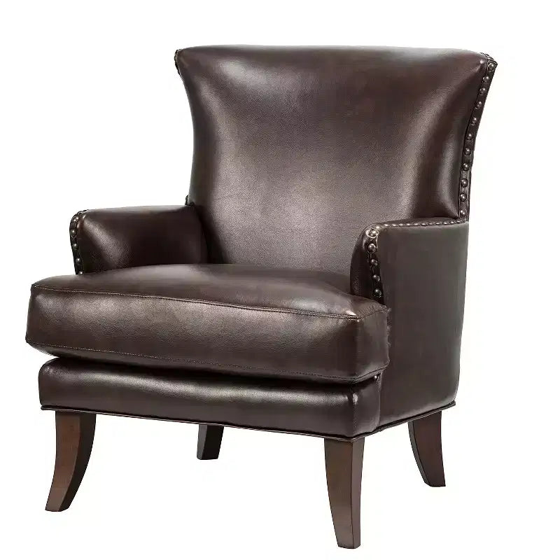 Fauteuil à oreilles en cuir végétalien de transition avec garniture cloutée pour salon et chambre à coucher