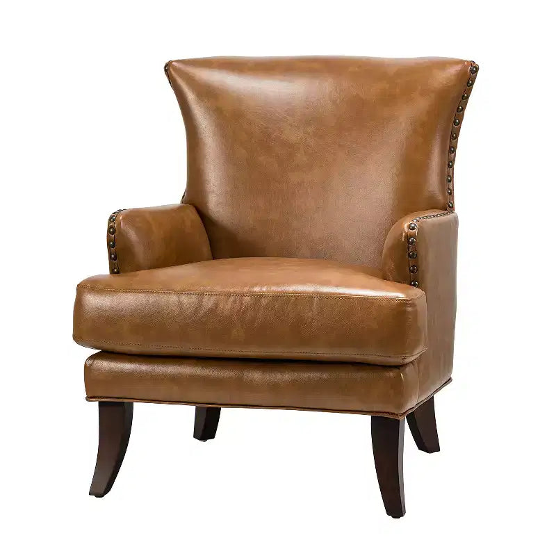 Fauteuil à oreilles en cuir végétalien de transition avec garniture cloutée pour salon et chambre à coucher