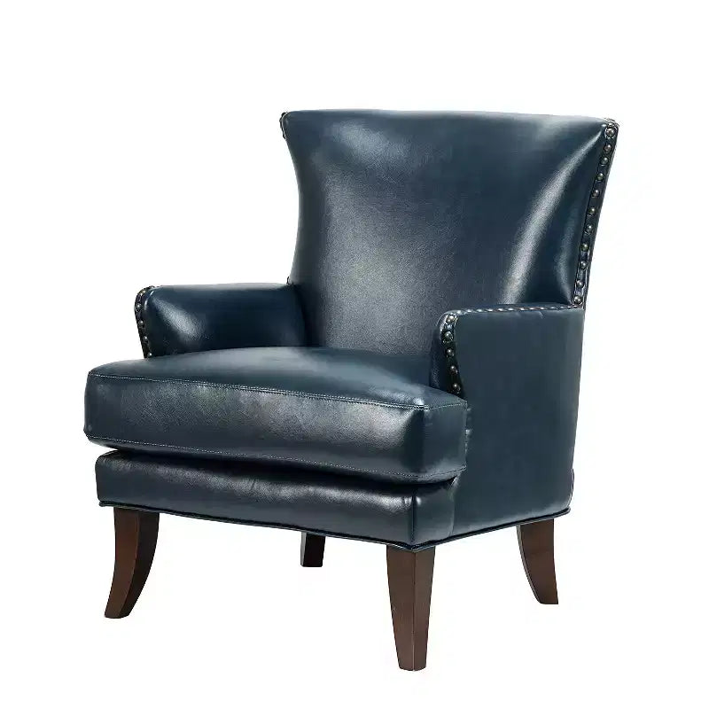 Fauteuil à oreilles en cuir végétalien de transition avec garniture cloutée pour salon et chambre à coucher