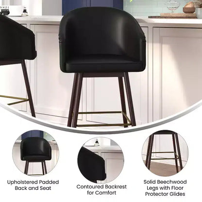 Tabouret de bar moderne mi-hauteur de qualité commerciale avec pieds en bois de hêtre et dossier incurvé