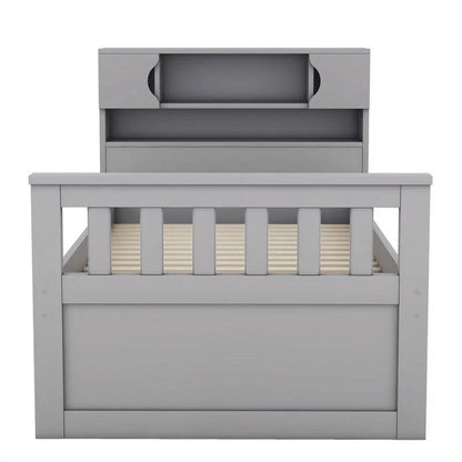 Lit plateforme capitaine double/grand avec 4 tiroirs et étagères de rangement, cadre de lit en bois massif avec tête de lit bibliothèque de rangement