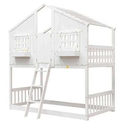 Lit superposé cabane jumeau sur jumeau avec toit, fenêtre, jardinière, porte, barrières de sécurité et échelle, gris